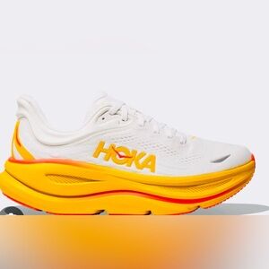 HOKA, Bondi 9 White Running Shoe with Yellow Accents, Size 9.5